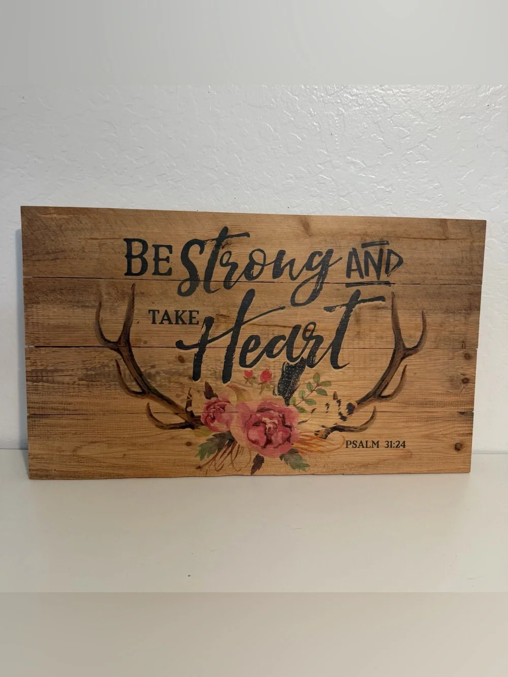Be Strong and Take Heart Floral Wooden Wall Sign - Natural Wood 24X14”made in 🇺🇸